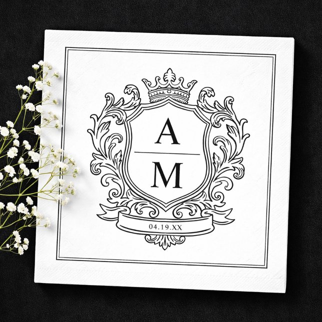 Servilleta De Papel Monogram Crest Black and White Paper Wedding (Monogram Crest Black and White Paper Wedding Napkins)