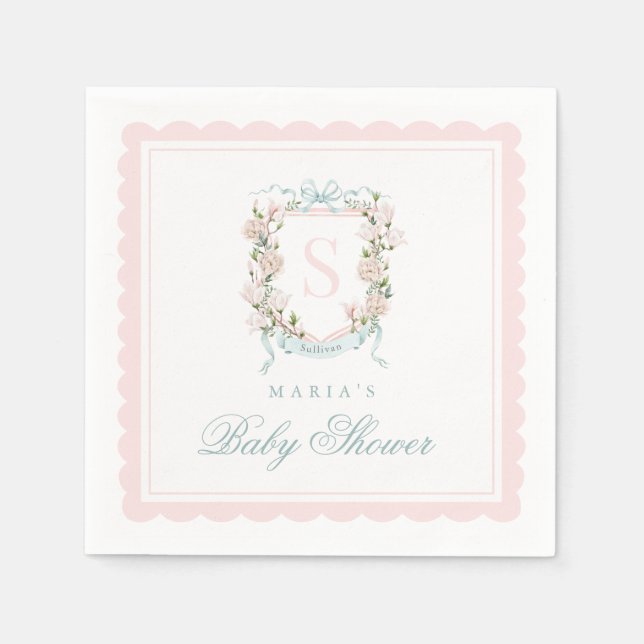 Servilleta De Papel Monogram Crest Pink Bow Scallop (Anverso)