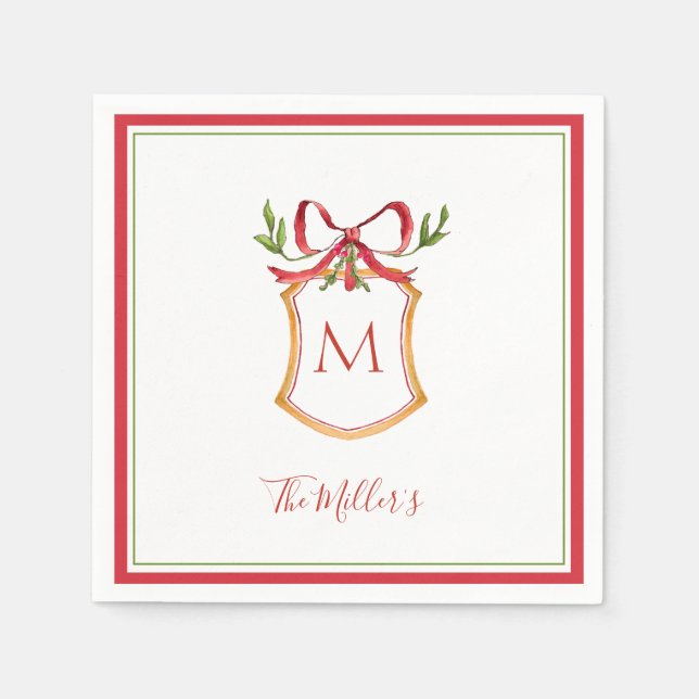 Servilleta De Papel Monogram Crest with red bow Holiday  (Anverso)