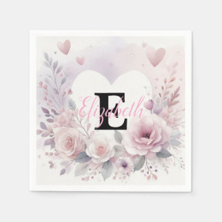 Servilleta De Papel Monogram name floral hearts romantic watercolor 