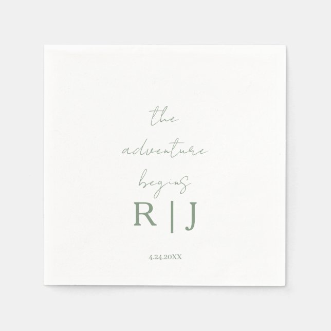 Servilleta De Papel Monogram Sage Green Quote Adventure Begins Wedding (Anverso)