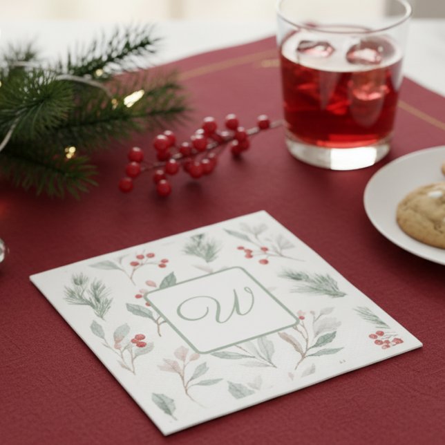 Servilleta De Papel Monogram Winter Botanical Paper (Holiday party napkin)