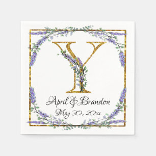 Servilleta De Papel Monogram Y, Lavender Eucalyptus, gold sparkle  