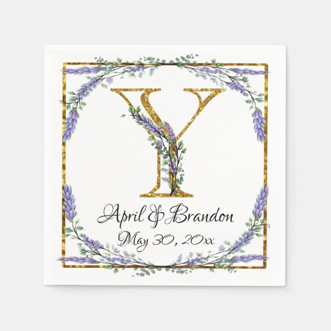 Servilleta De Papel Monogram Y, Lavender Eucalyptus, gold sparkle   (Anverso)