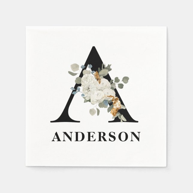 Servilleta De Papel Monograma A blanco floral negro (Anverso)
