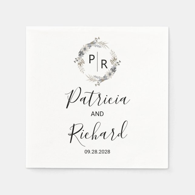 Servilleta De Papel Monograma acuarela Boda floral (Anverso)