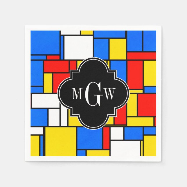 Servilleta De Papel Monograma amarillo azul rojo del negro Quatrefoil (Anverso)