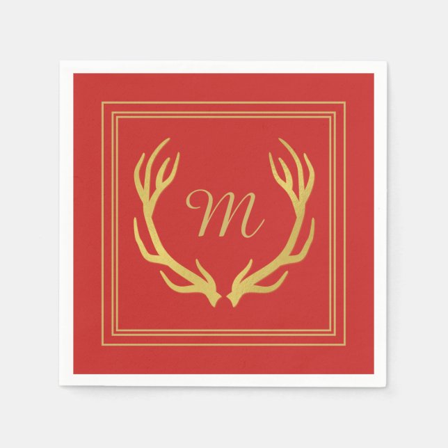Servilleta De Papel Monograma Antlers Navidades Papel Napkin | Roja (Anverso)