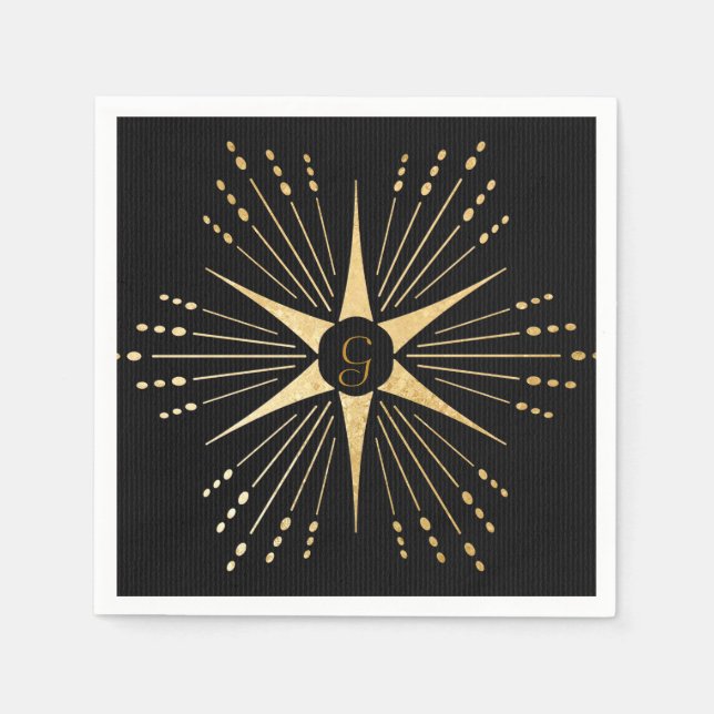 Servilleta De Papel Monograma Art Deco Estrella Negro y Oro (Anverso)