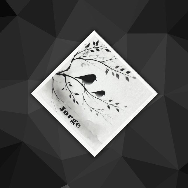 Servilleta De Papel Monograma Aves simples blancas y negras en árboles (Subido por el creador)