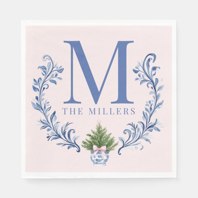 Servilleta De Papel Monograma azul Escudo con árbol de Navidad (Anverso)