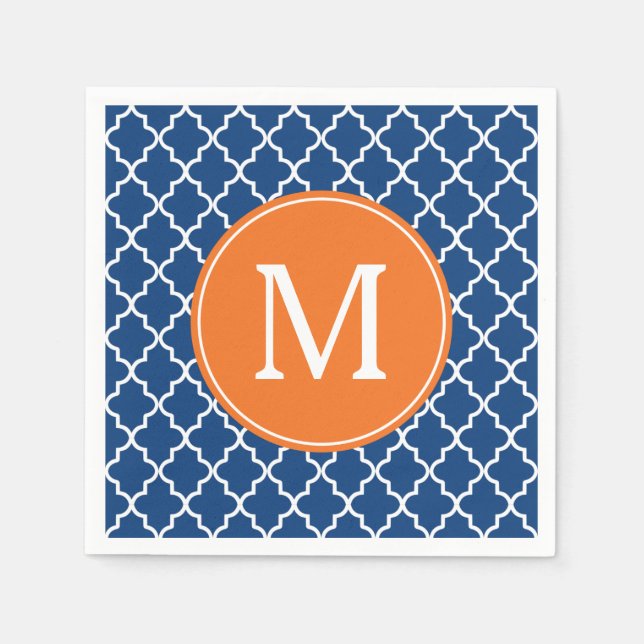 Servilleta De Papel Monograma azul marino y quatrefoil Naranja (Anverso)