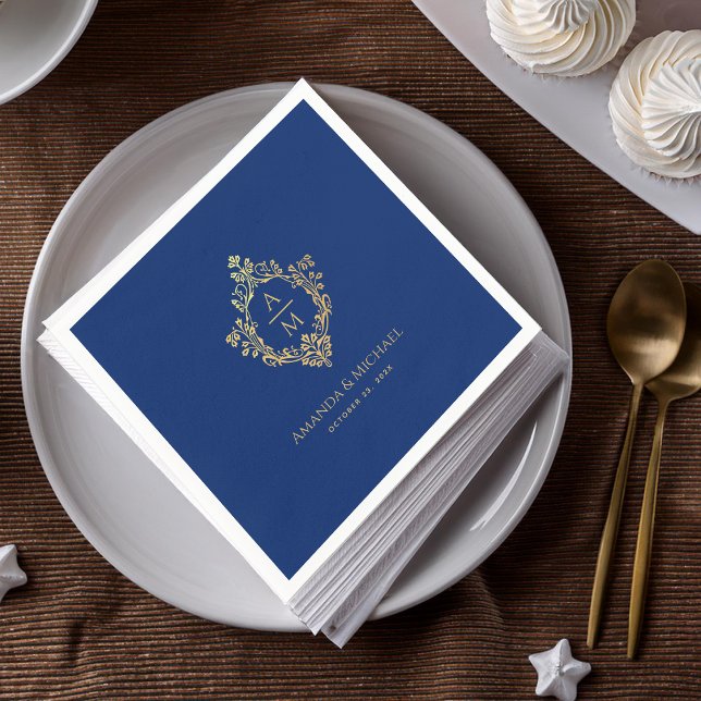Servilleta De Papel Monograma azul real Escudo Faux Gold Boda (Subido por el creador)