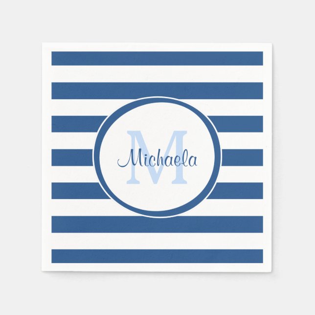 Servilleta De Papel Monograma azul rico en cadera y franjas horizontal (Anverso)