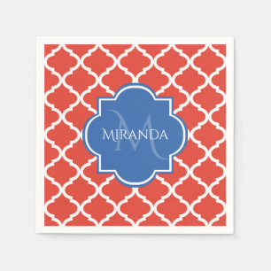Servilleta De Papel Monograma azul trendy y cuatrefoil rojo