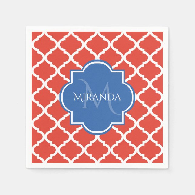 Servilleta De Papel Monograma azul trendy y quatrefoil rojo (Anverso)