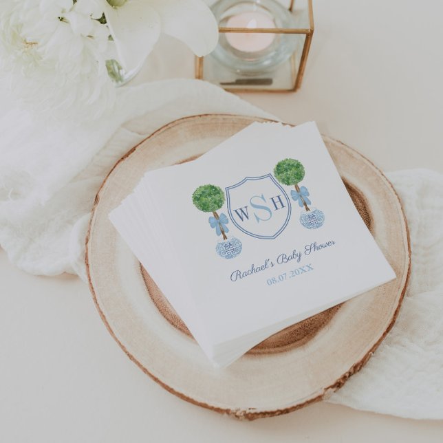 Servilleta De Papel Monograma Baby Shower Preppy Con Topión Boxwood (Preppy topiary with blue bow and 3 letter monogram crest baby shower napkins)