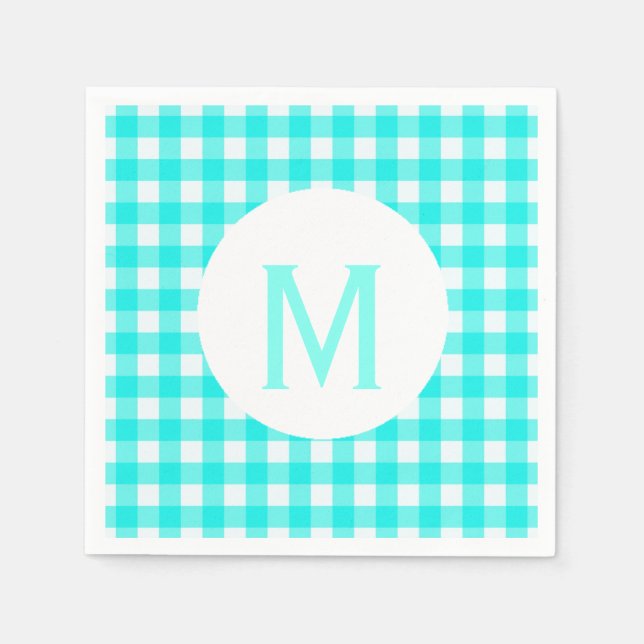 Servilleta De Papel Monograma básico simple turquesa Gingham (Anverso)