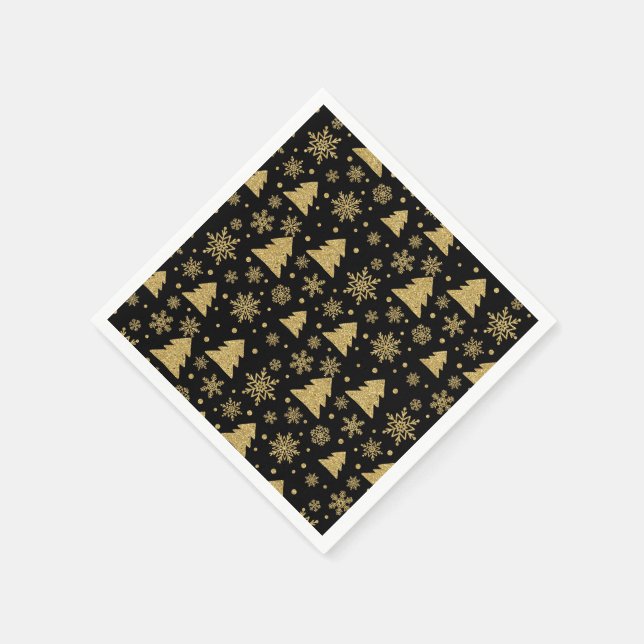 Servilleta De Papel Monograma Black Golden Christmas Tree Snowflakes (Borde)
