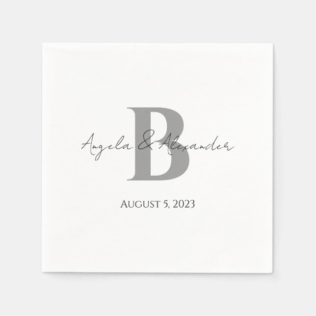 Servilleta De Papel Monograma Blanca Bodas Gris Negrita (Anverso)