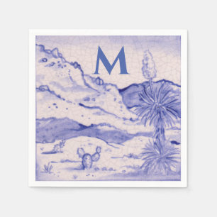 Servilleta De Papel Monograma blanco azul de la yuca del paisaje del
