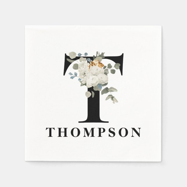 Servilleta De Papel Monograma blanco floral negro T (Anverso)