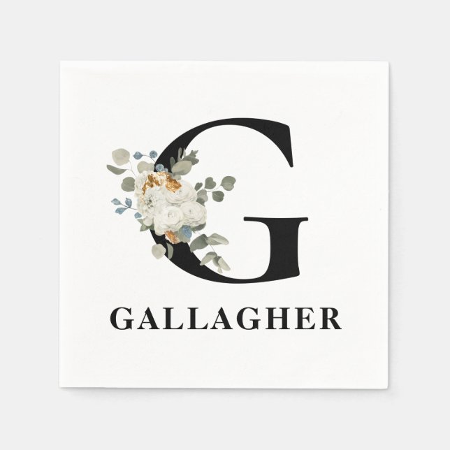 Servilleta De Papel Monograma blanco negro floral G (Anverso)