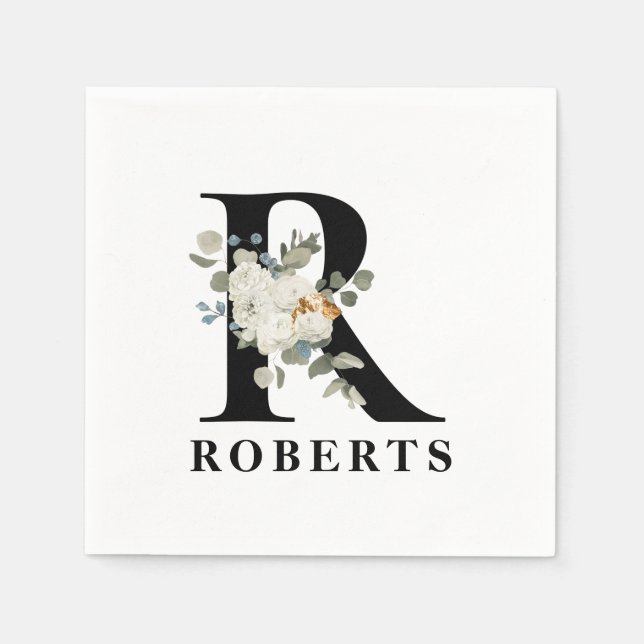 Servilleta De Papel Monograma blanco negro floral R (Anverso)