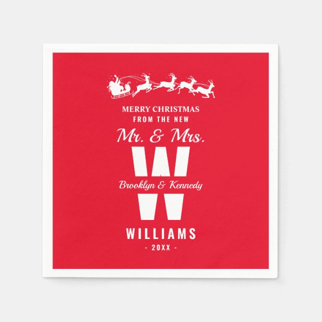 Servilleta De Papel Monograma Blanco Rojo Recién Contratado Con Navida (Anverso)