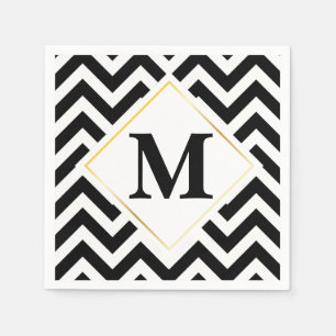 Servilleta De Papel Monograma blanco y negro del oro blanco de Chevron