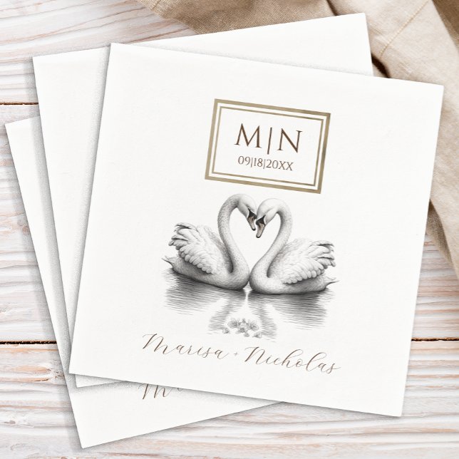 Servilleta De Papel Monograma Boda de cisne romántico (Romantic Couples Napkins)