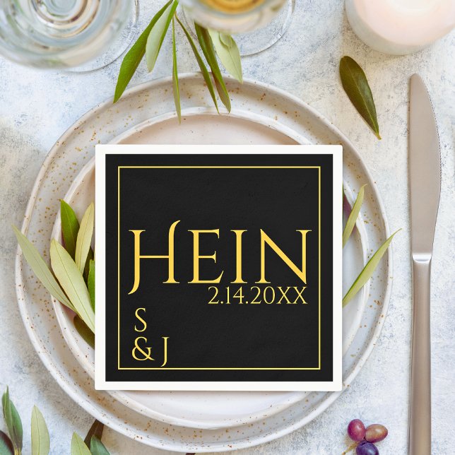 Servilleta De Papel Monograma Boda de fecha de las iniciales de oro ne (Monogram Black Gold Initials Date Wedding Napkins)