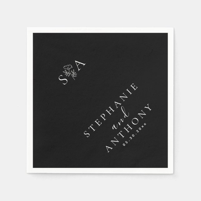 Servilleta De Papel Monograma Boda de flores silvestres en blanco y ne (Anverso)