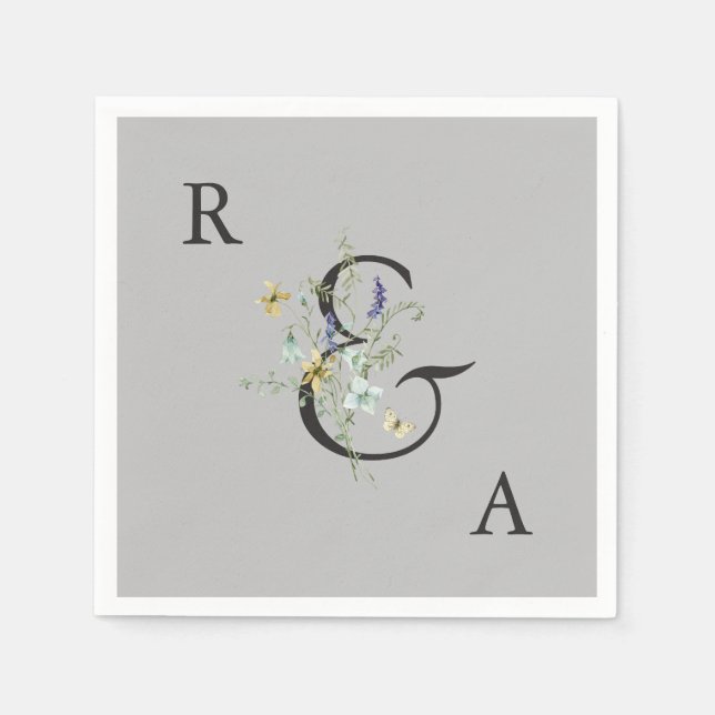 Servilleta De Papel Monograma Boda Gray Elegant Wildflower (Anverso)