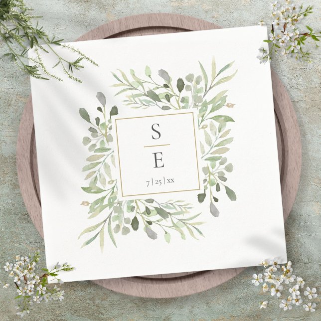 Servilleta De Papel Monograma Boda Verdor Foliage Bolas de oro (Monogram Wedding Greenery Foliage Gold Napkins)