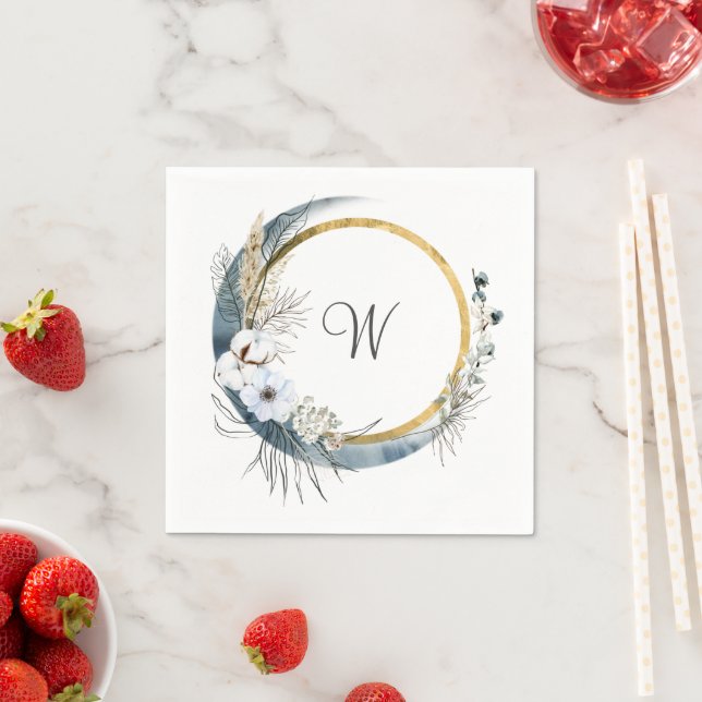 Servilleta De Papel Monograma Boho de Blue White Gold Boda (In situ)