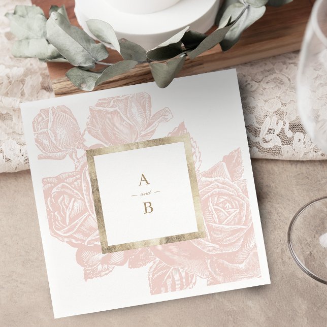 Servilleta De Papel Monograma botánico lujoso rosa dorado (Luxe rose blush gold vintage botanical monogram napkins)