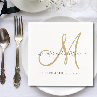 Servilleta De Papel Monograma clásico de oro blanco gris elegante Boda