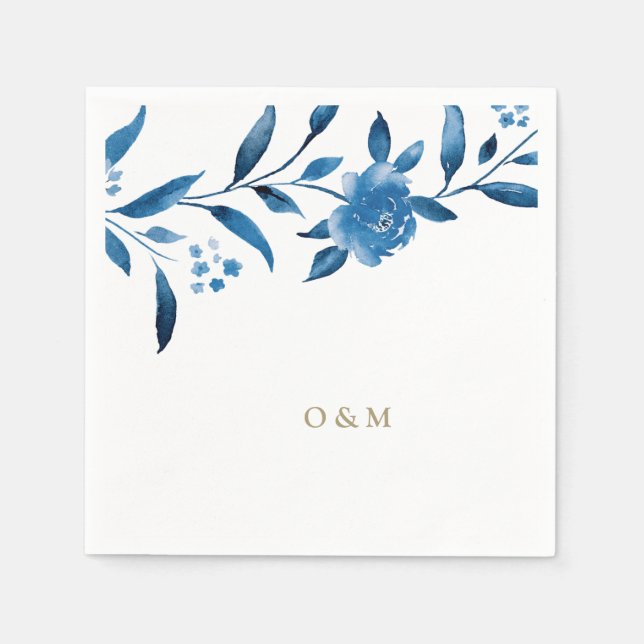 Servilleta De Papel Monograma de Boda Chinoiserie floral azul (Anverso)