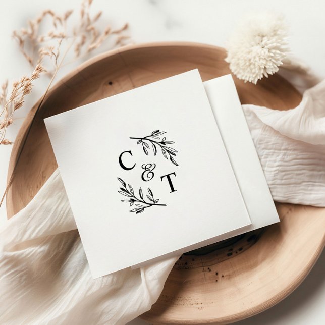 Servilleta De Papel Monograma de boda con vegetación simple (Simple Wedding Monogram Greenery Cocktail Party Napkins.)