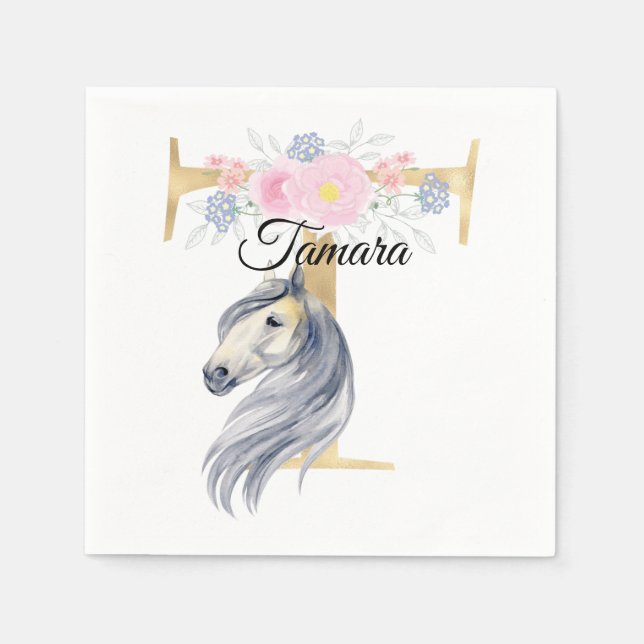 Servilleta De Papel Monograma de caballo con nombre personalizable flo (Anverso)
