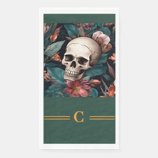 Servilleta De Papel Monograma de calavera y flores (Anverso)