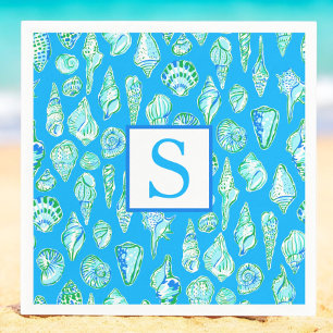 Servilleta De Papel Monograma de conchas preppy / Playa costera azul