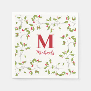 Servilleta De Papel Monograma de feriado botánico Holly Berries para n