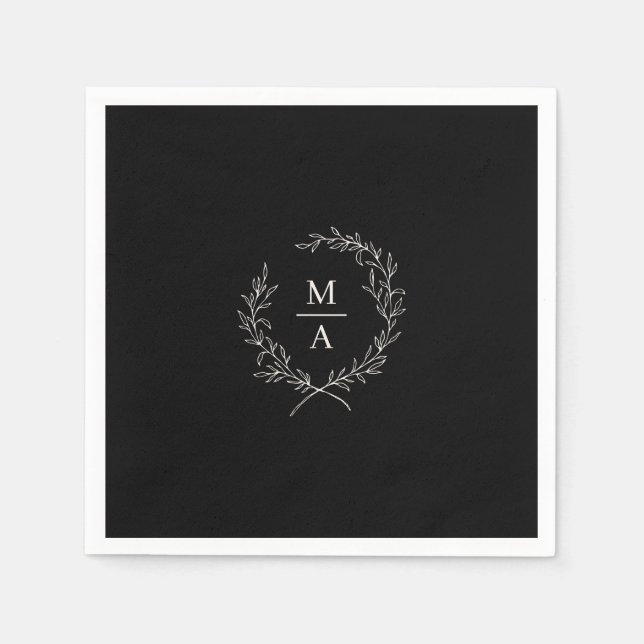 Servilleta De Papel Monograma de flor de laurel simple negro (Anverso)