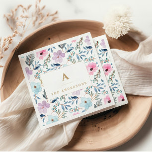 Servilleta De Papel Monograma de flores acuarela azul pastel elegante 