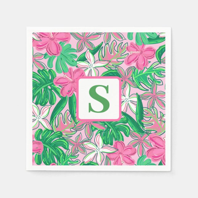 Servilleta De Papel Monograma de flores Pink White Green Preppy (Anverso)