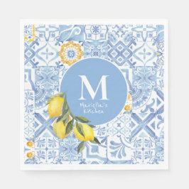 Servilleta De Papel Monograma de fruta de limón, azulejo azul