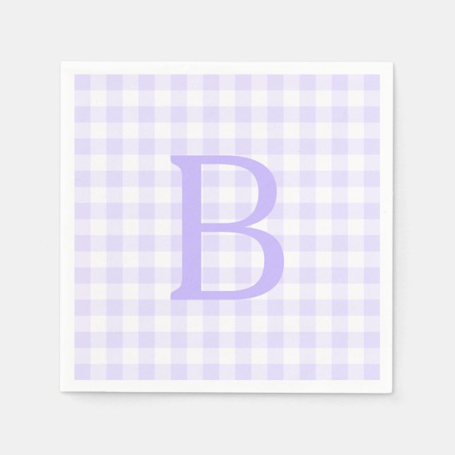Servilleta De Papel Monograma de gingham blanco y lavanda pastel (Anverso)