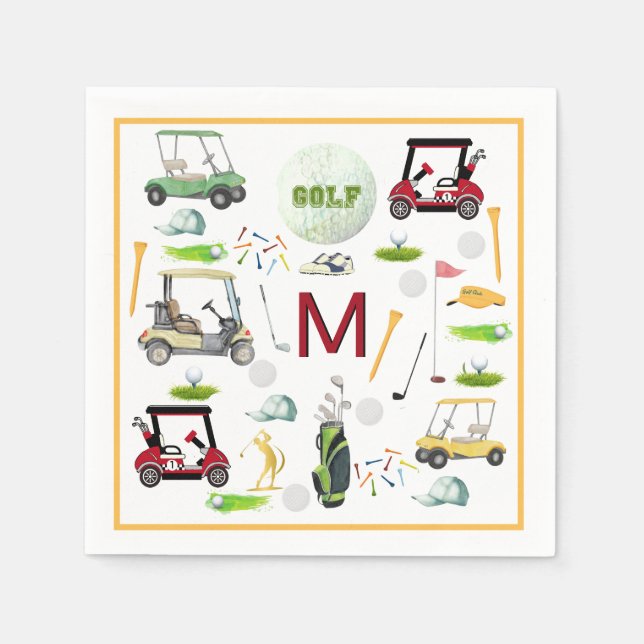 Servilleta De Papel Monograma de golf de retiro de cumpleaños masculin (Anverso)